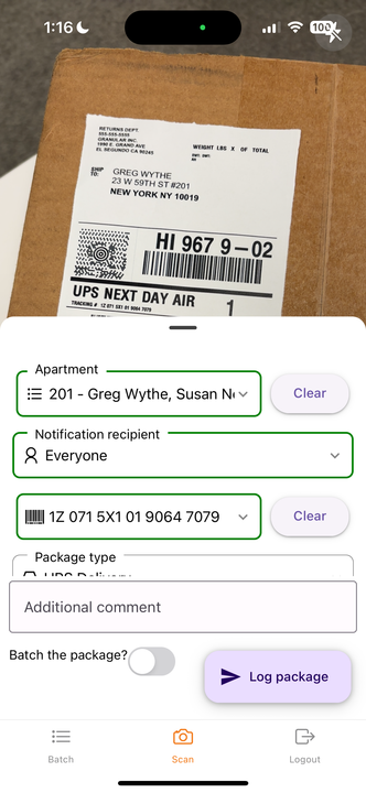 Portico mobile app showing package scanning interface