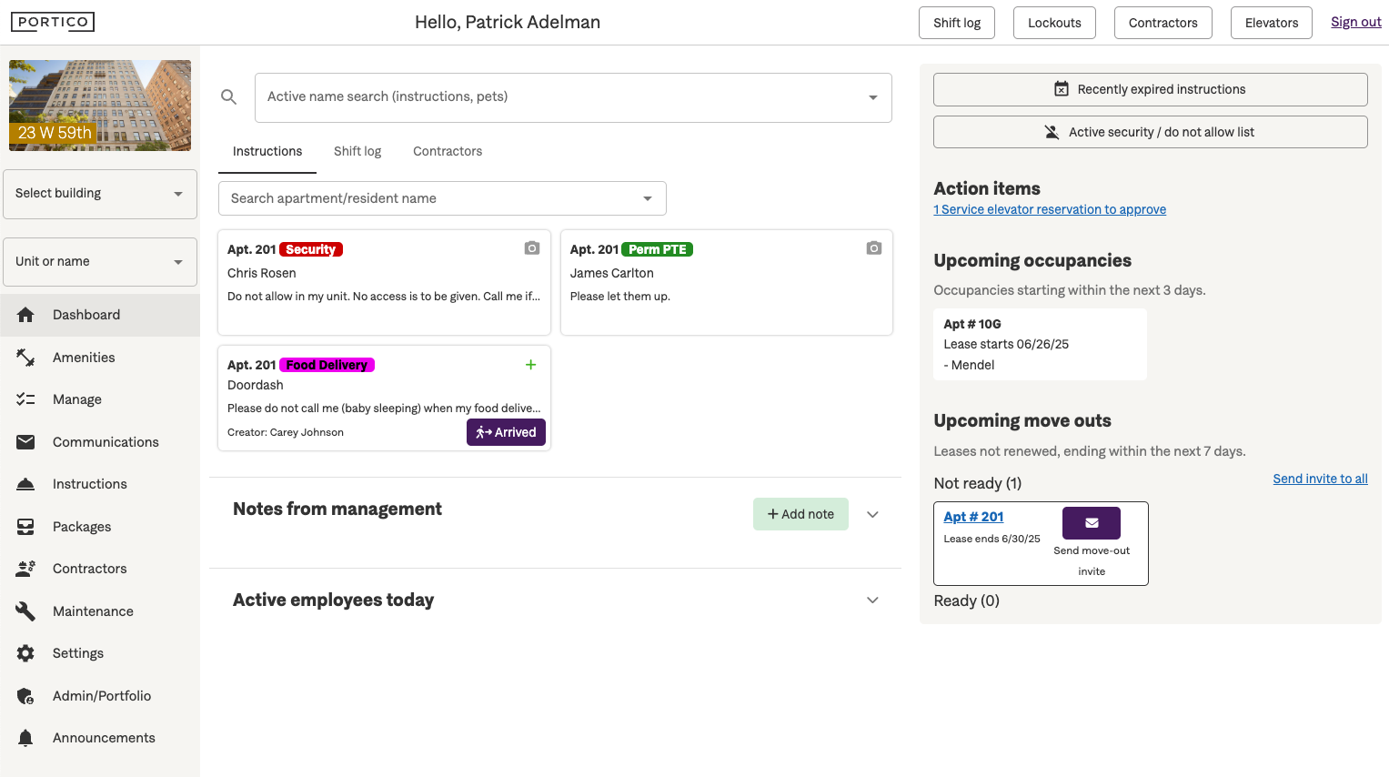 Portico dashboard showing property management interface with building details, resident communications, and maintenance tracking